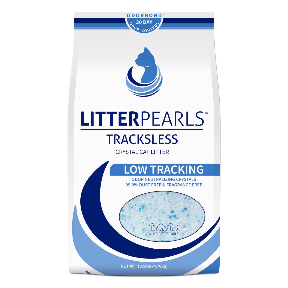Litter Pearls Tracksless crystals deliver odor control with low-dust performance.