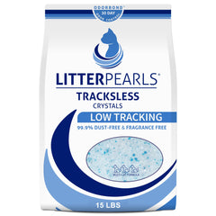 Litter Pearls Tracksless crystal litter being poured, highlighting low-dust formula and odor control