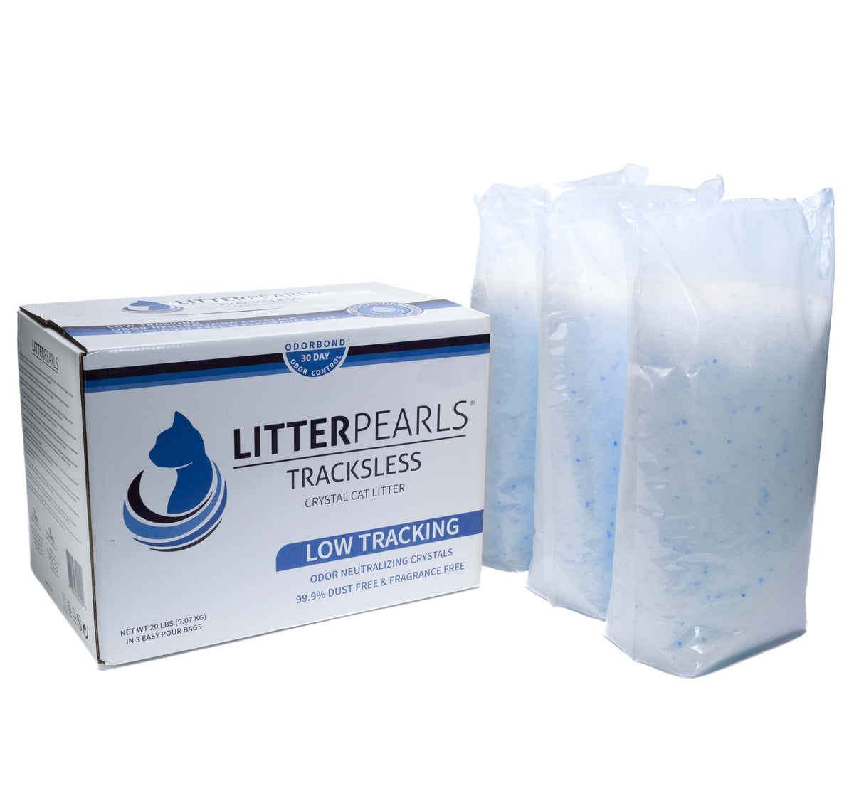 Litter Pearls tracksless crystals bag showcasing lightweight, highly absorbent litter for easy setup.
