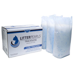 Litter Pearls tracksless crystals bag showcasing lightweight, highly absorbent litter for easy setup.