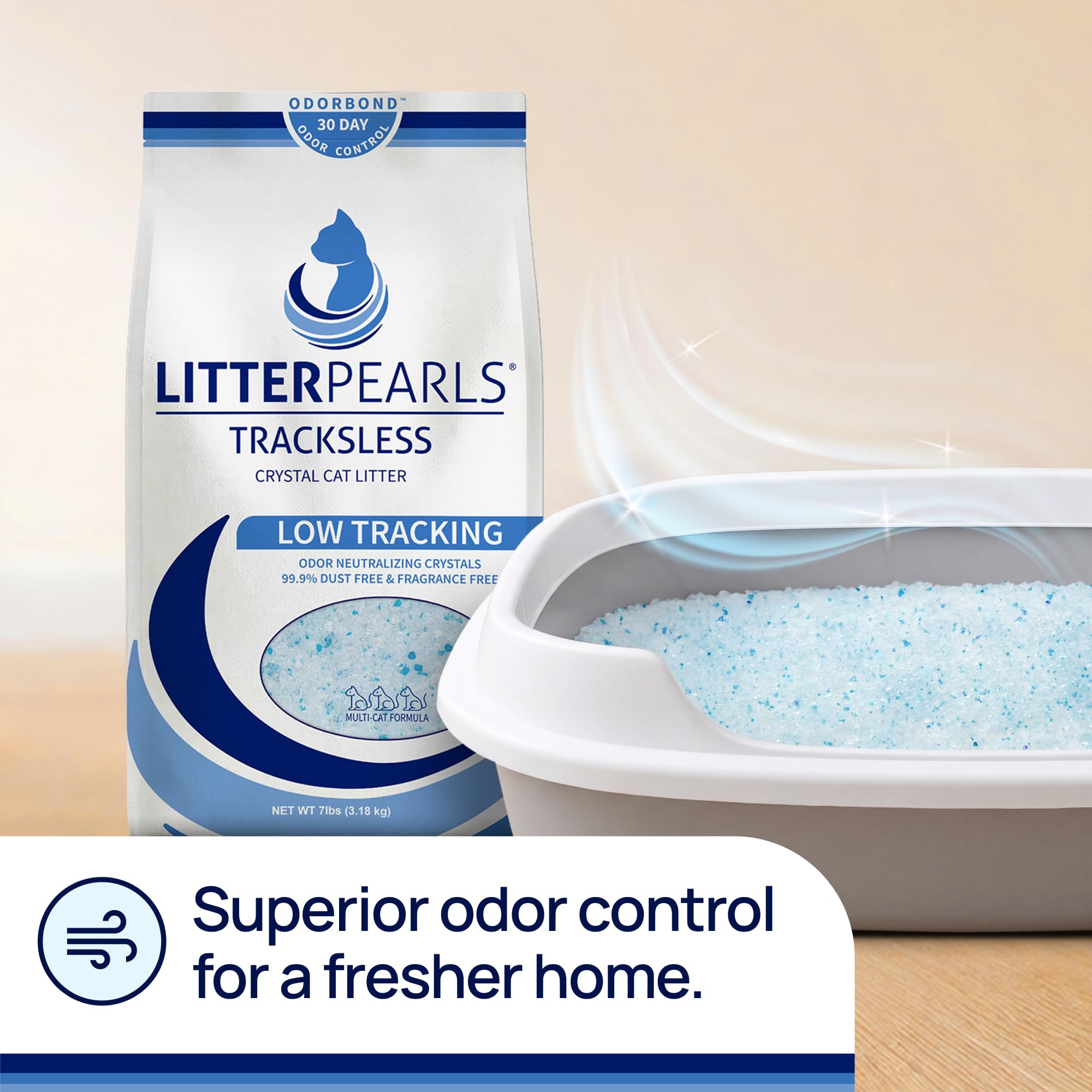 Litter Pearls Tracksless low-dust litter reducing airborne dust in the home