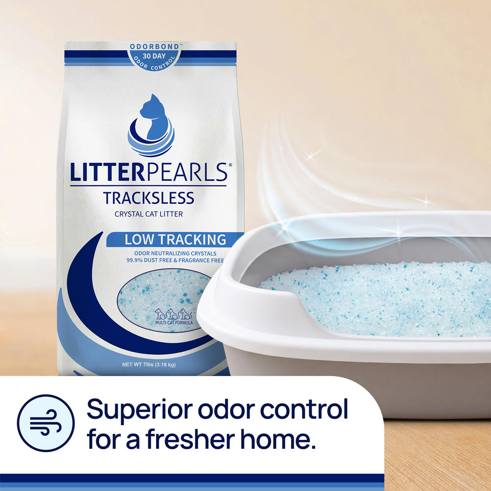 Litter Pearls Tracksless low-dust litter reducing airborne dust in the home