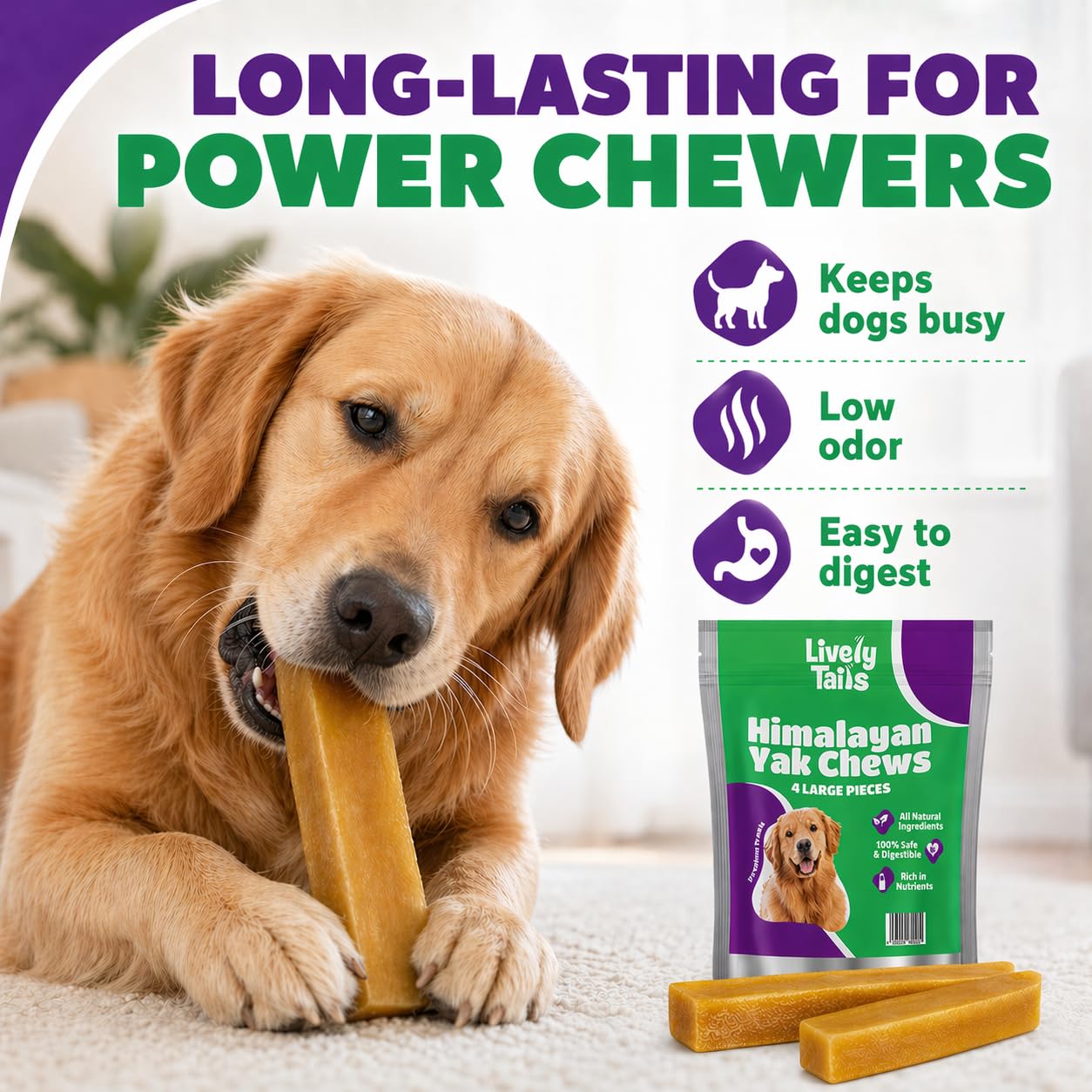 Lively Tails yak chew for dental care, potential tartar reduction through chewing.