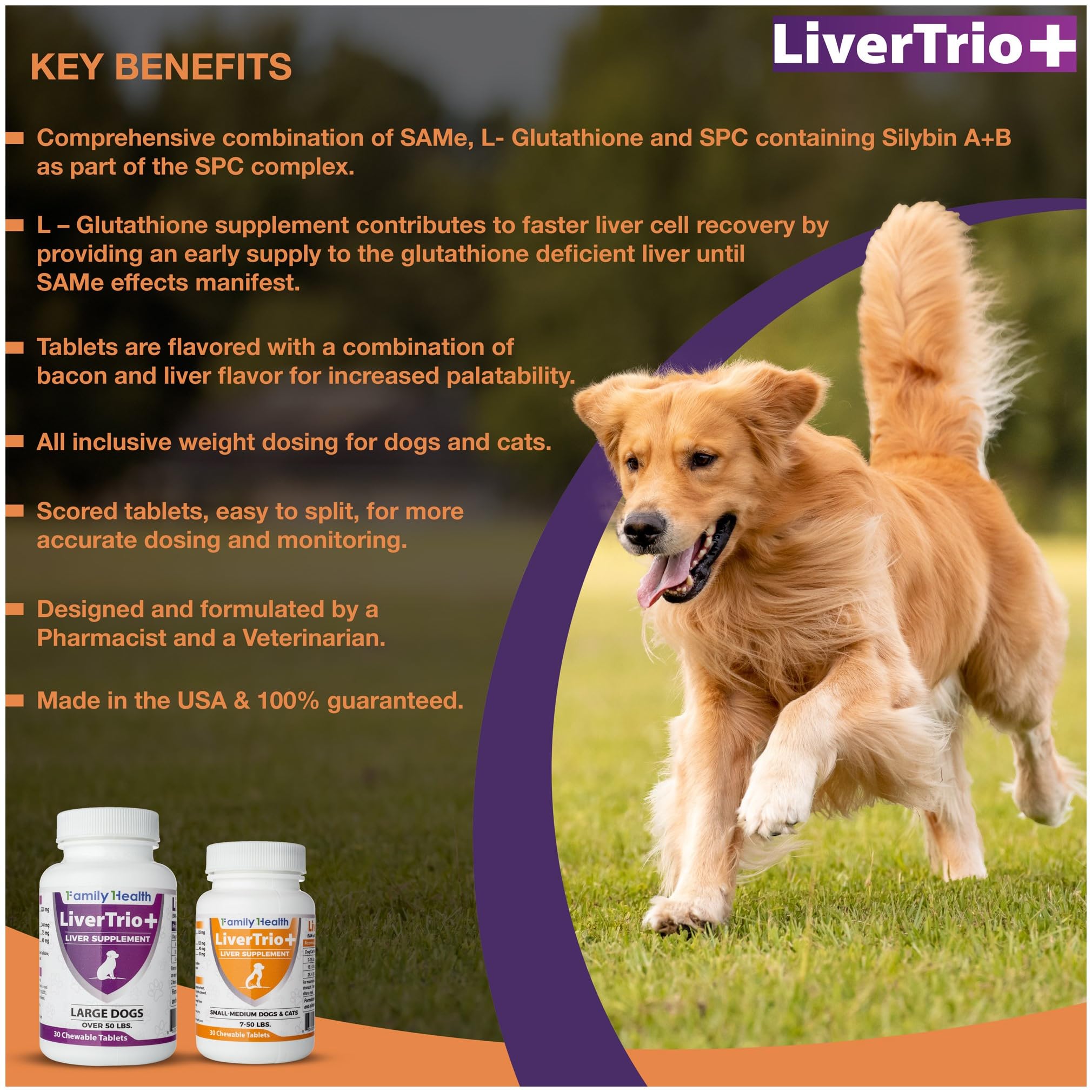 LiverTrio+ ingredient panel highlights SPC SAMe and Glutathione.