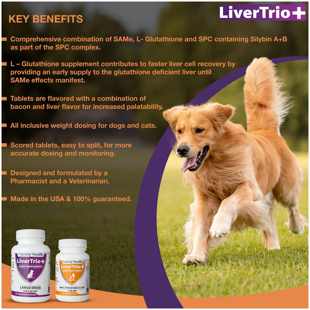 LiverTrio+ ingredient panel highlights SPC SAMe and Glutathione.