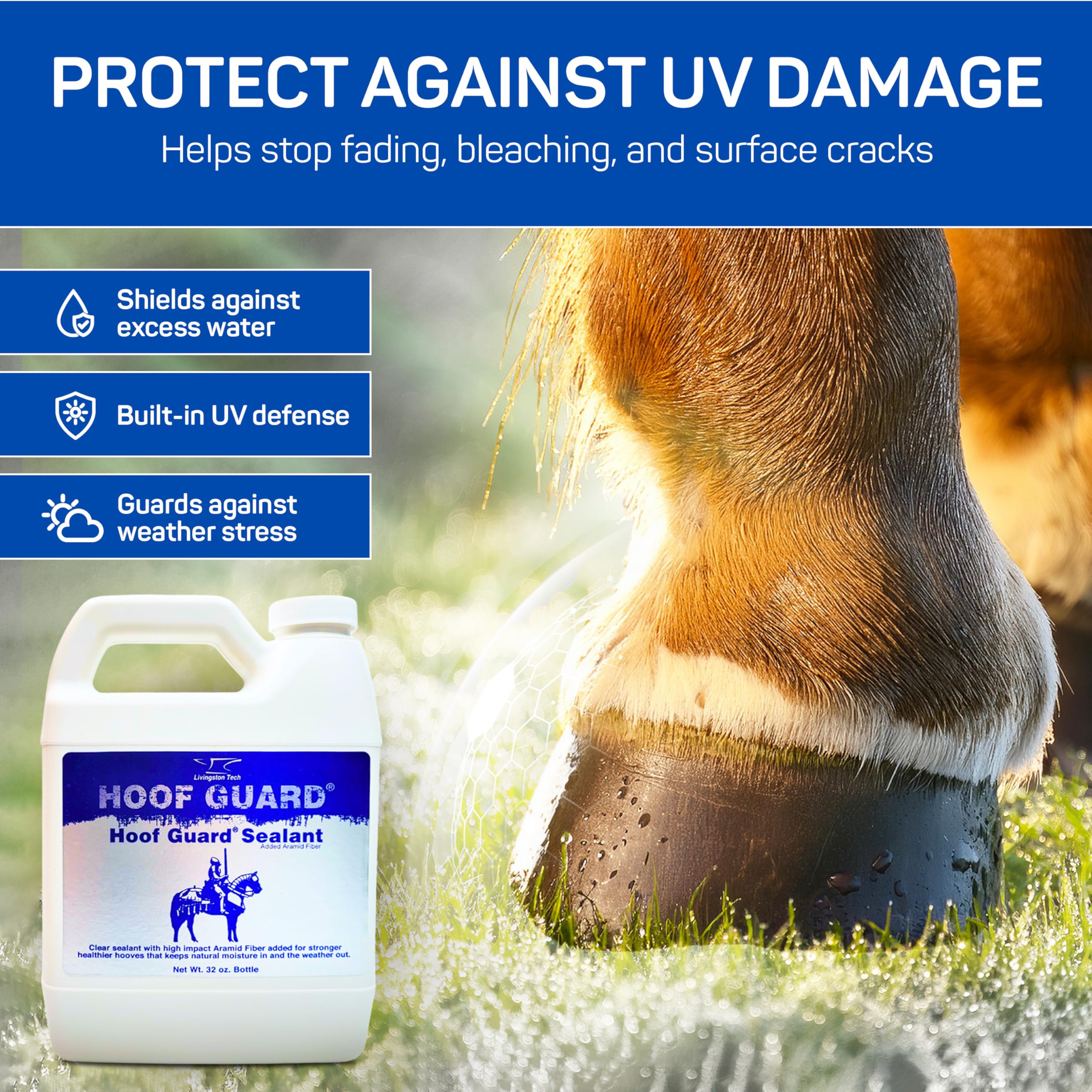 LivingstonTech Hoof Guard Sealant locks in natural moisture to reduce dryness.