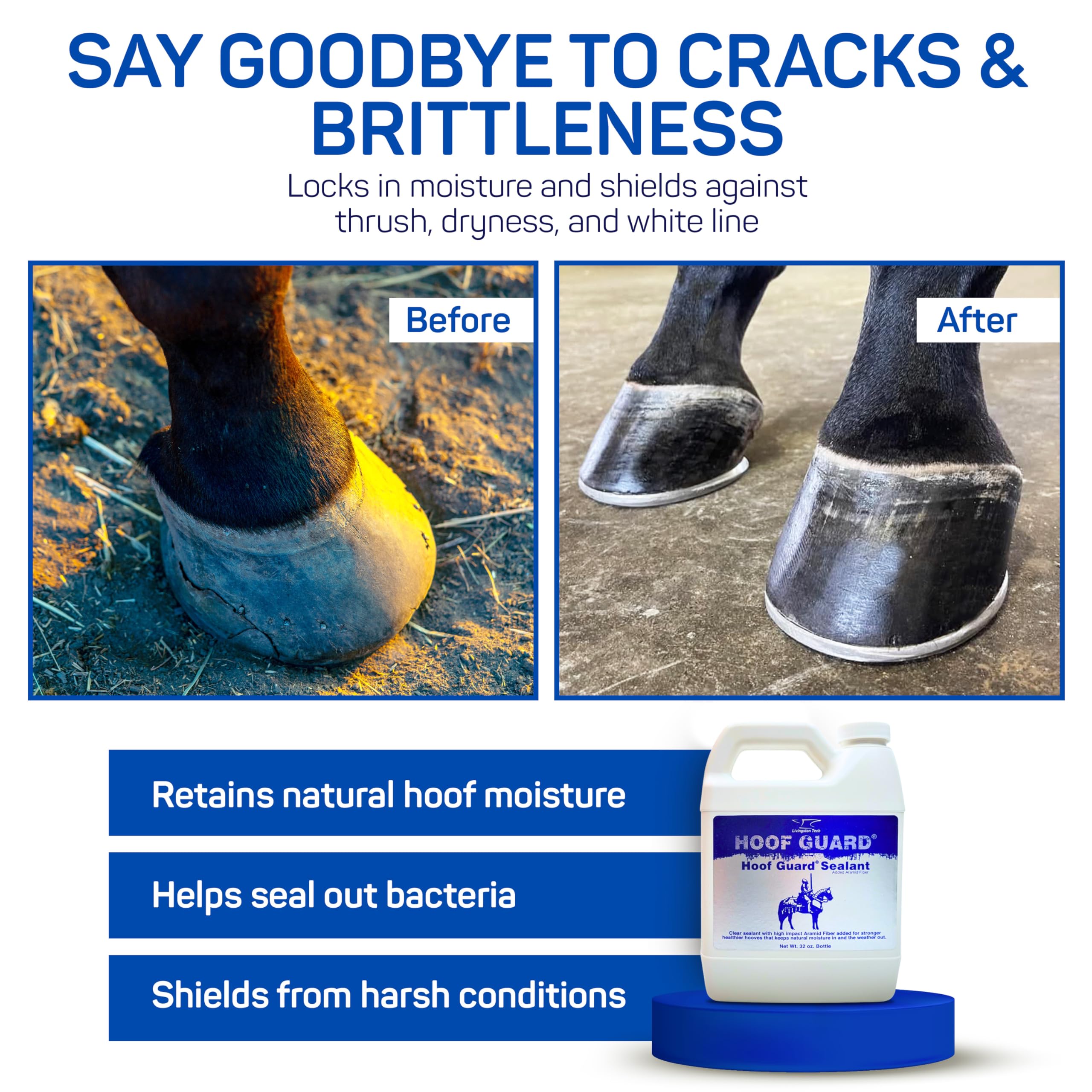 LivingstonTech Hoof Guard Sealant seals cracks and holes for a smoother hoof surface.