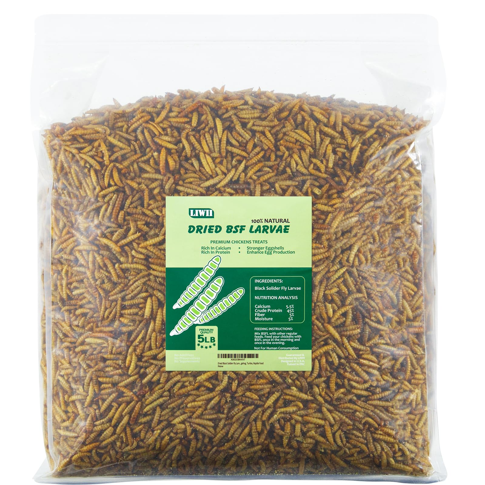 LIWII 5lb bag of dried BSF larvae for poultry and pets, showing a versatile feed option.