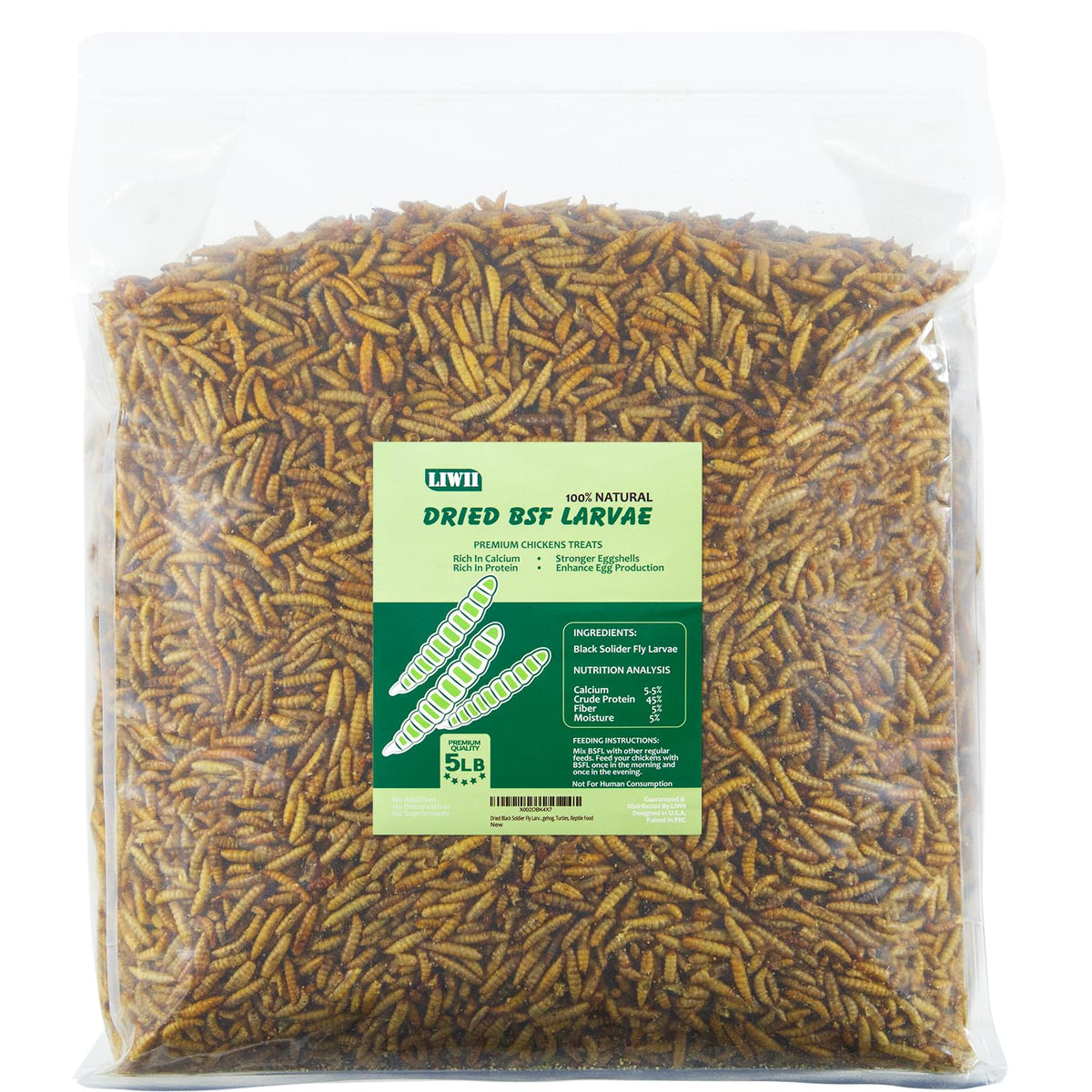 LIWII 5lb bag of dried BSF larvae for poultry and pets, showing a versatile feed option.
