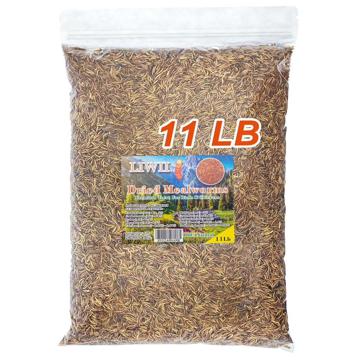 LIWII dried mealworms bulk bag offering natural high-protein nutrition for birds.