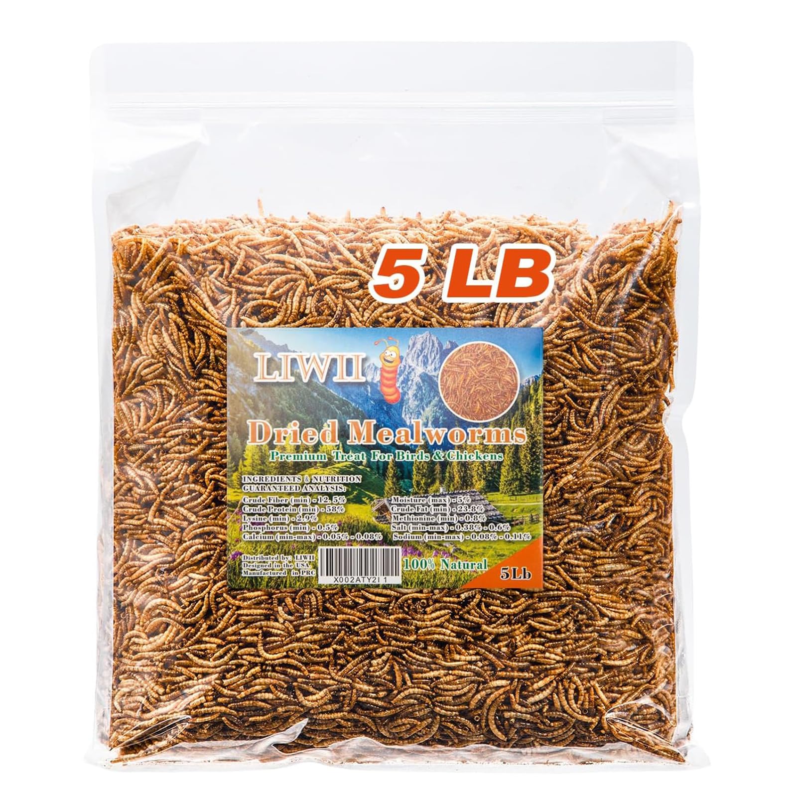 LIWII Dried Mealworms 5 lb bulk pack for birds and reptiles, protein-rich treat.