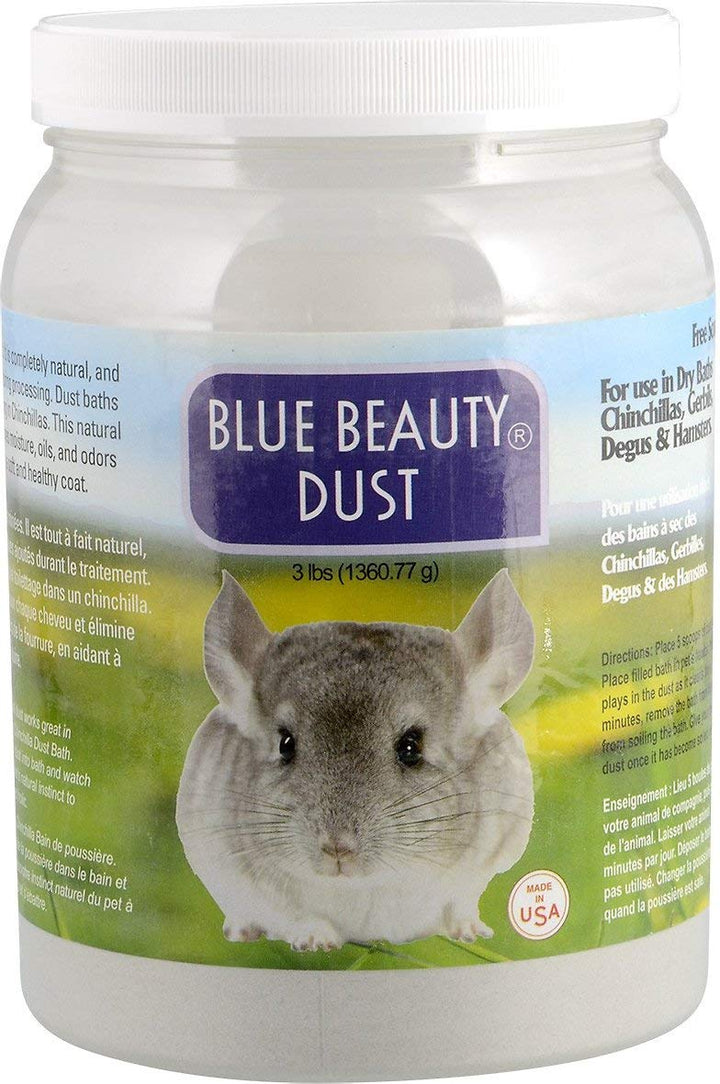 Lixit Blue Beauty dust bottle for chinchillas, promotes soft, clean fur and easy dust baths.