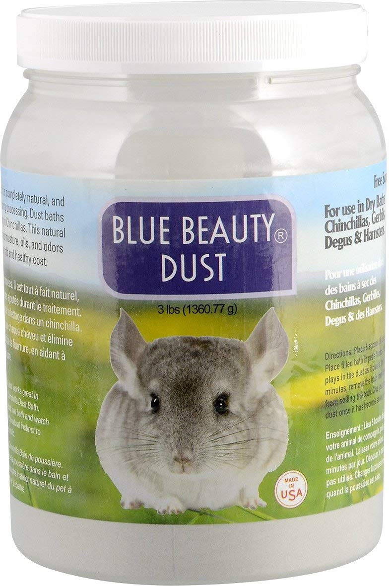 Lixit Blue Beauty dust bottle for chinchillas, promotes soft, clean fur and easy dust baths.