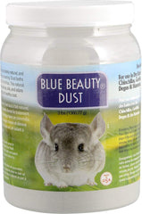 Lixit Blue Beauty dust bottle for chinchillas, promotes soft, clean fur and easy dust baths.