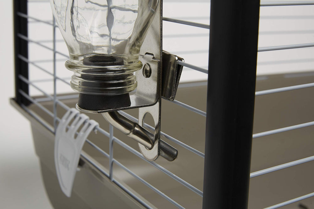 Lixit bottle mounted on a wire cage for easy access