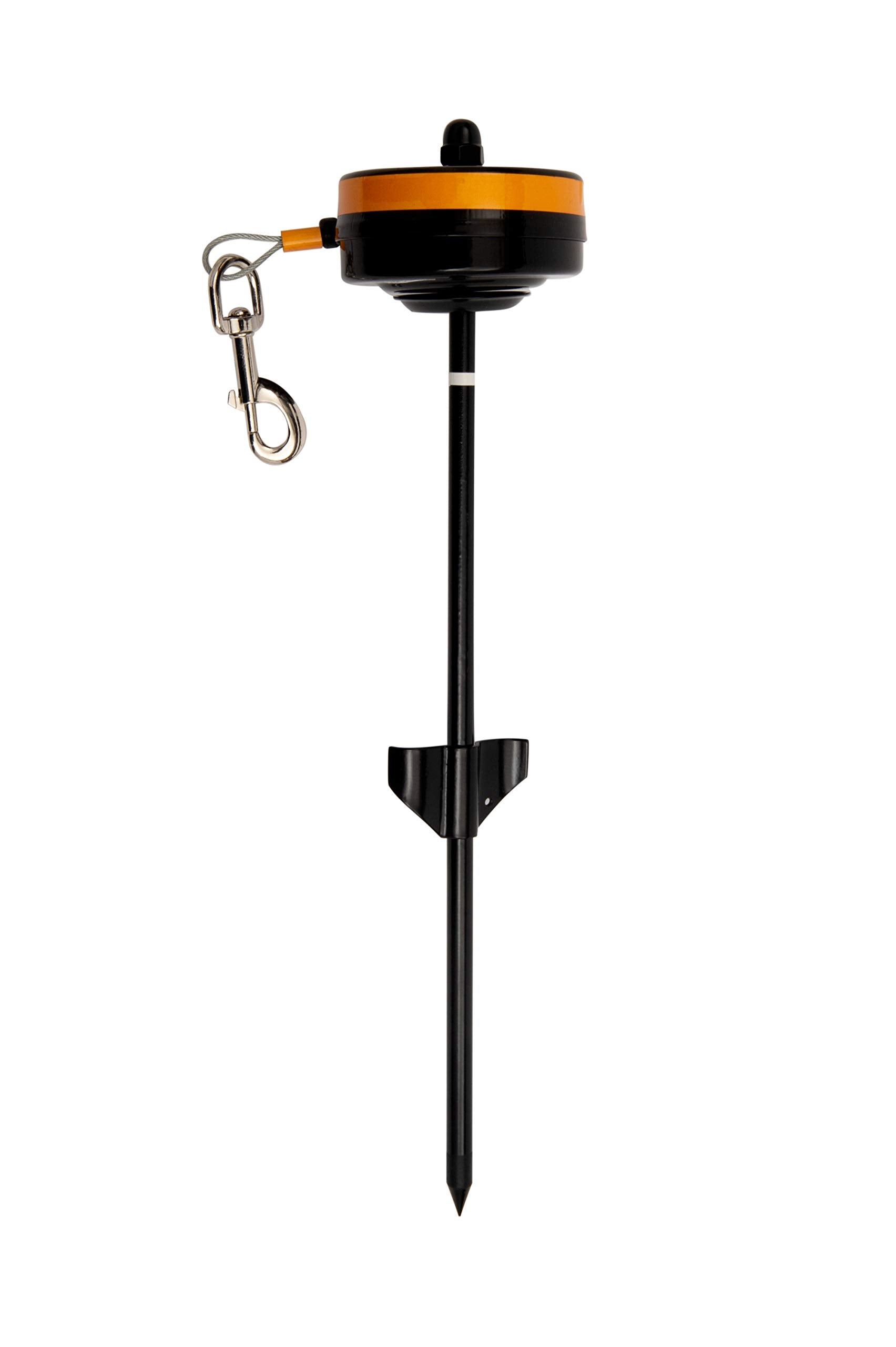 Lixit bracket mount dog tie-out on a deck provides secure outdoor tethering for small dogs.