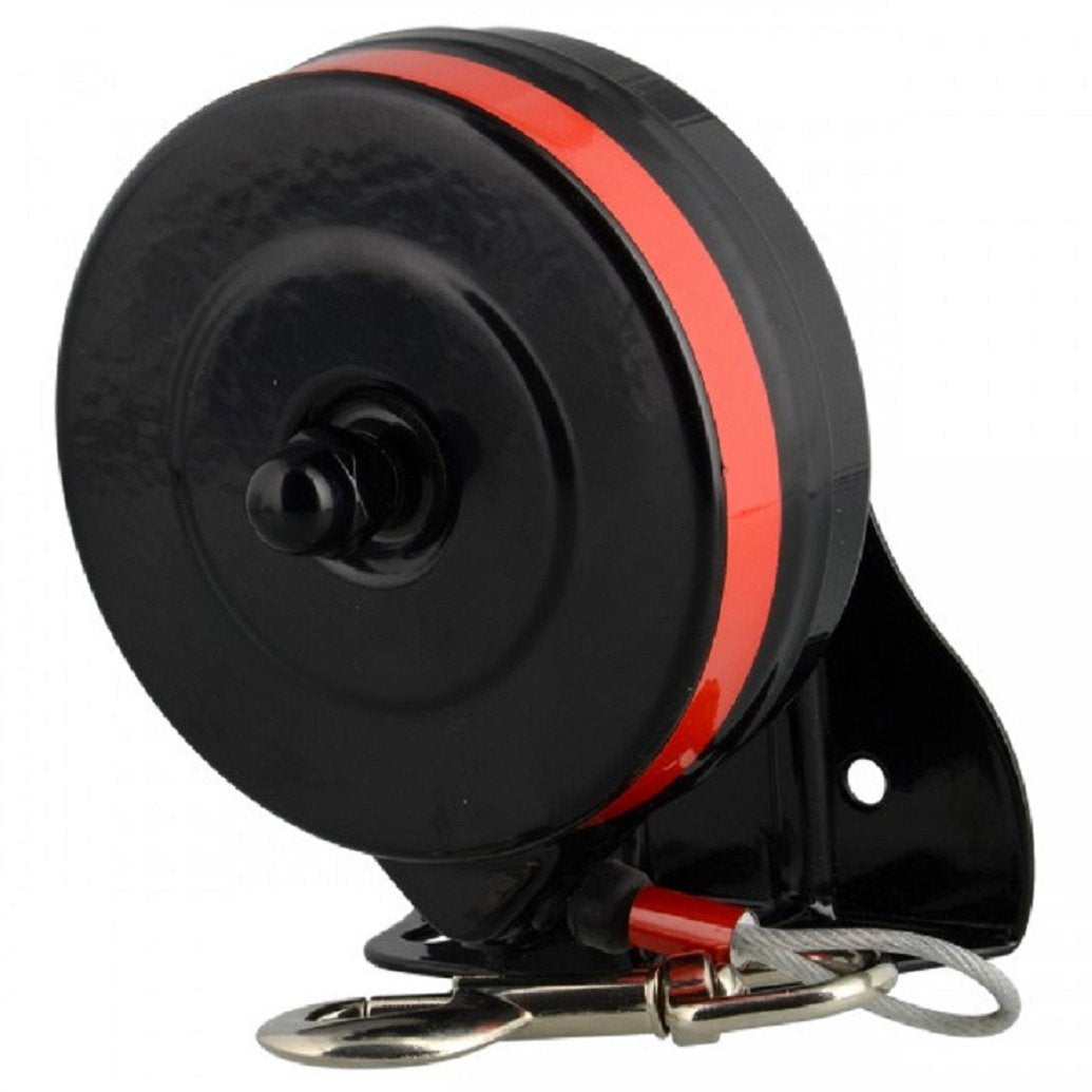 Lixit bracket-mount retractable leash on a deck for secure outdoor tethering.