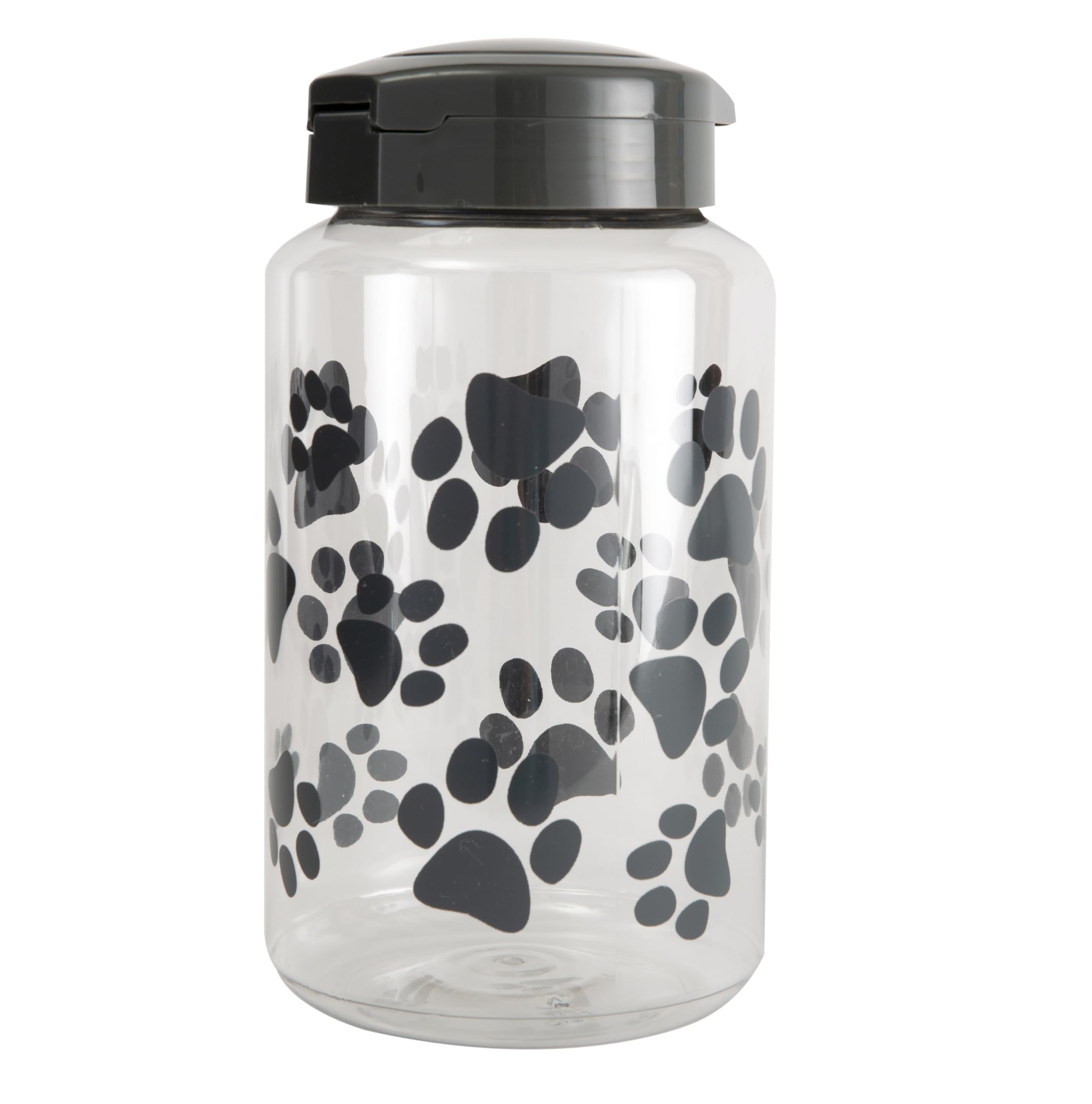 Lixit Paw Prints gray jar with paw-pattern lid keeps treats fresh.