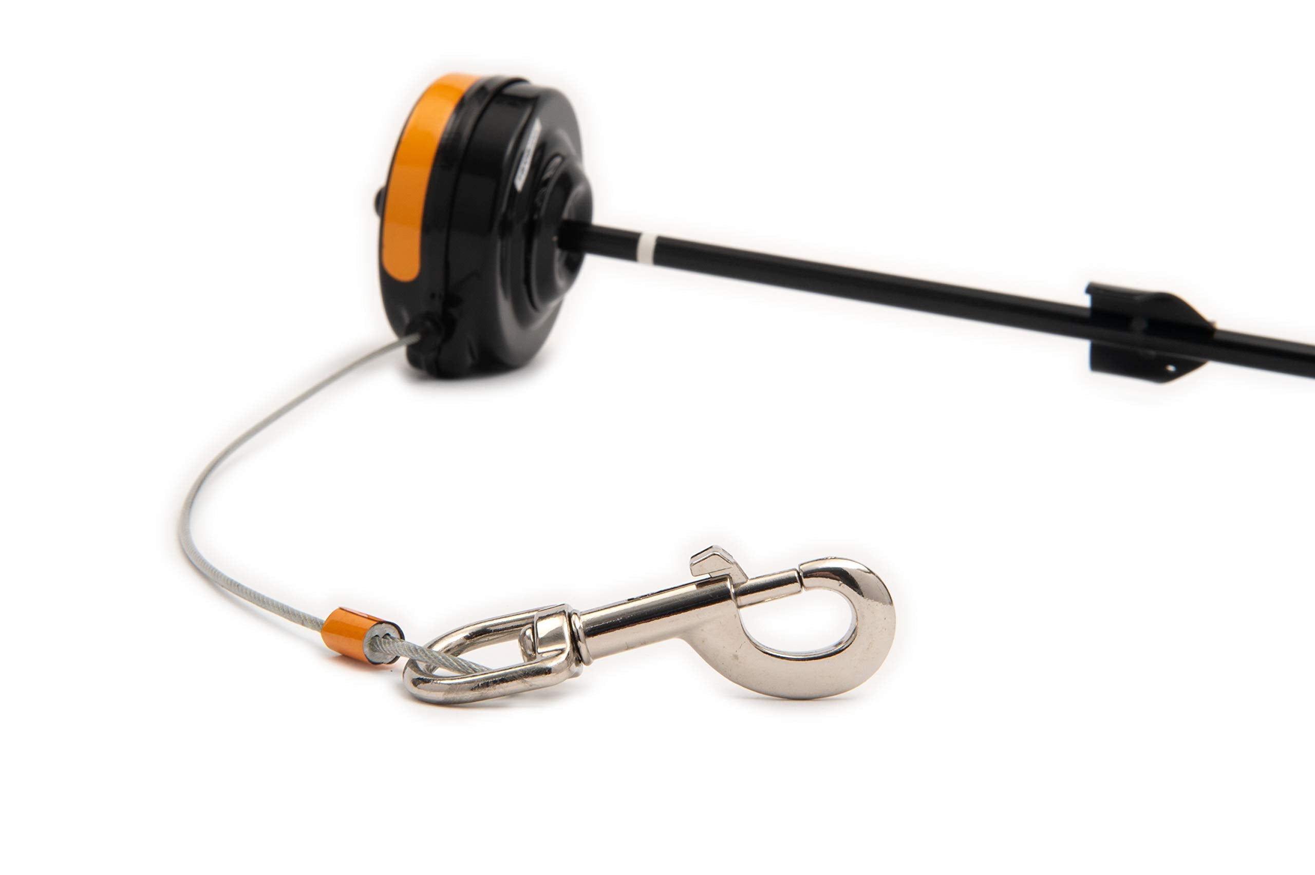 Lixit stake retractable cable demonstrates flexible leash extension for outdoor use.