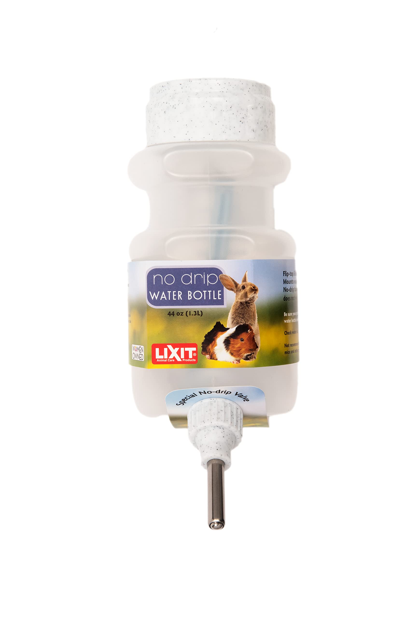 Lixit Top Fill No Drip Bottle close-up highlighting the valve for spill control.