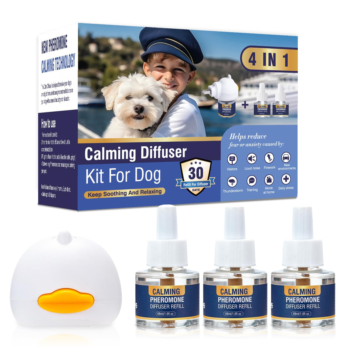 LKBHGF dog pheromone diffuser plug-in in use to calm anxious dogs