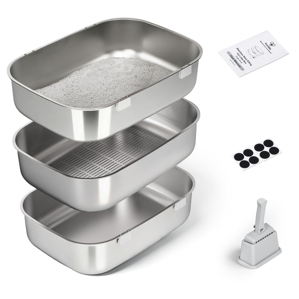 LLNHAEB triple-pan litter box front view showing size and layout for quick sifting