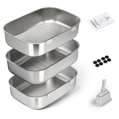 LLNHAEB triple-pan litter box front view showing size and layout for quick sifting