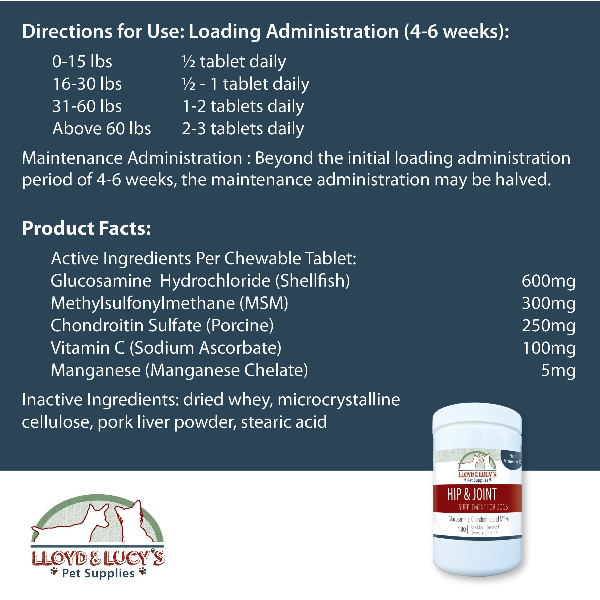 Close-up of Lloyd & Lucy's ingredients: glucosamine, chondroitin, MSM, vitamin C.