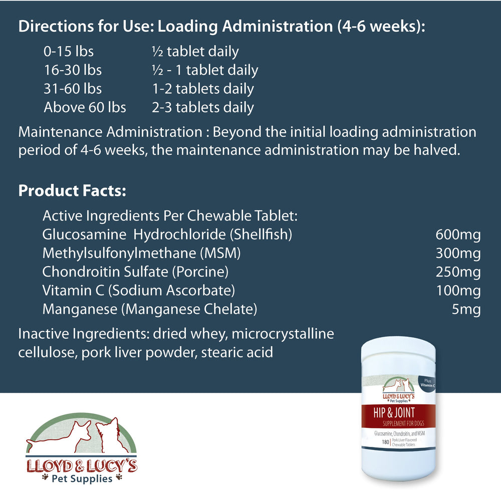 Close-up of Lloyd & Lucy's ingredients: glucosamine, chondroitin, MSM, vitamin C.