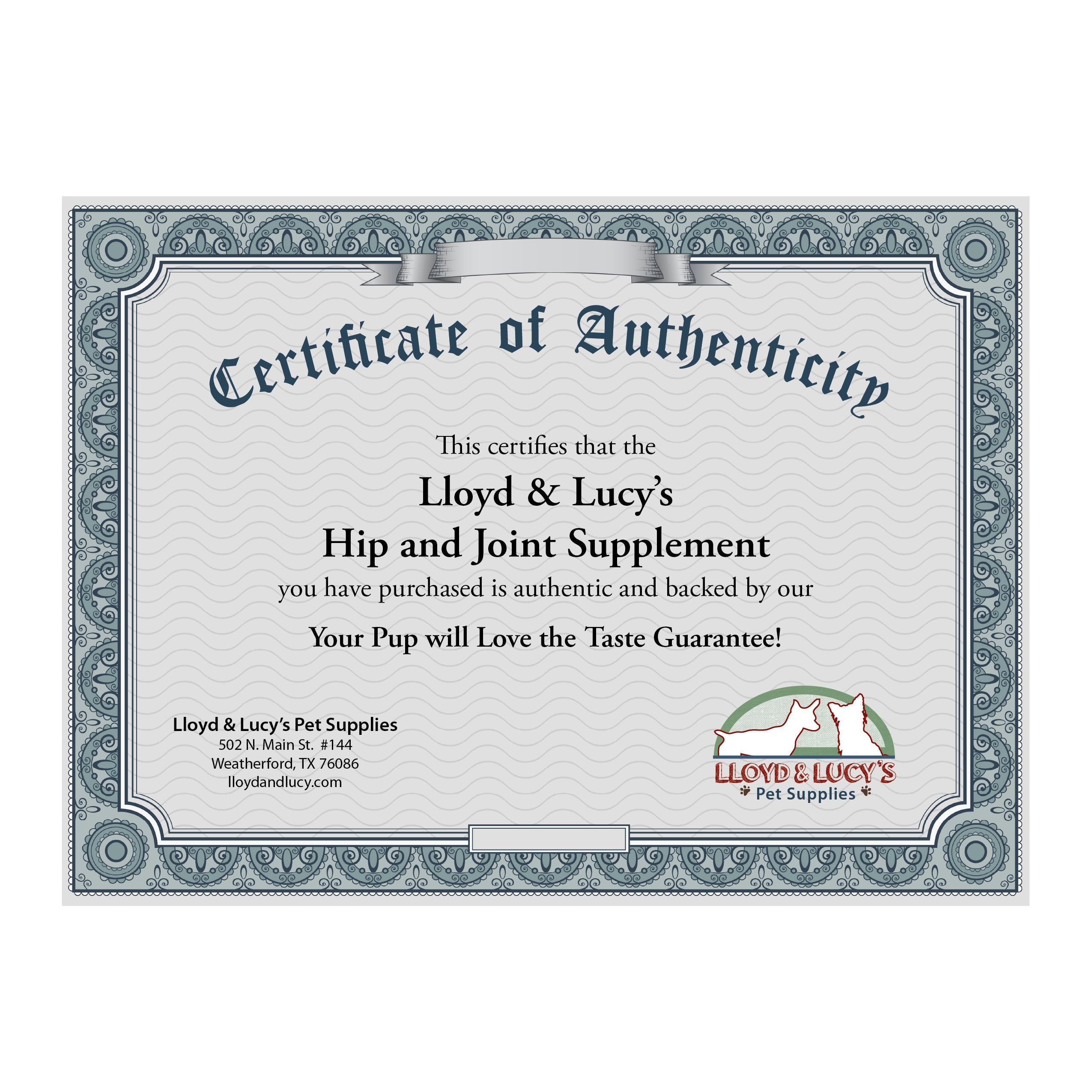 Lloyd & Lucy's hip joint liver flavor chew is shown for daily use.