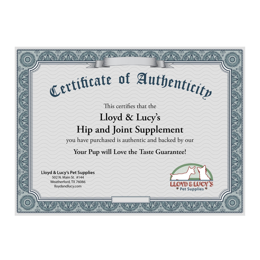 Lloyd & Lucy's hip joint liver flavor chew is shown for daily use.