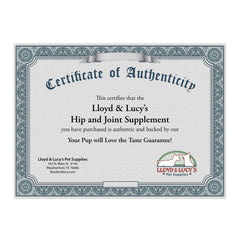 Lloyd & Lucy's hip joint liver flavor chew is shown for daily use.