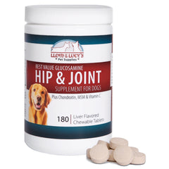 Lloyd & Lucy's hip and joint supplement bottle with chewables for dogs, supports joint comfort.