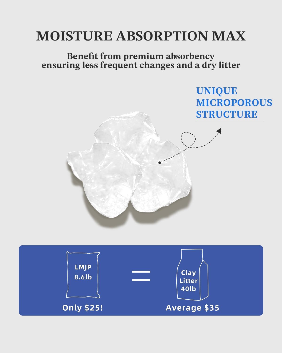 LMJP Crystal Litter with large pellets minimizes tracking around the house.
