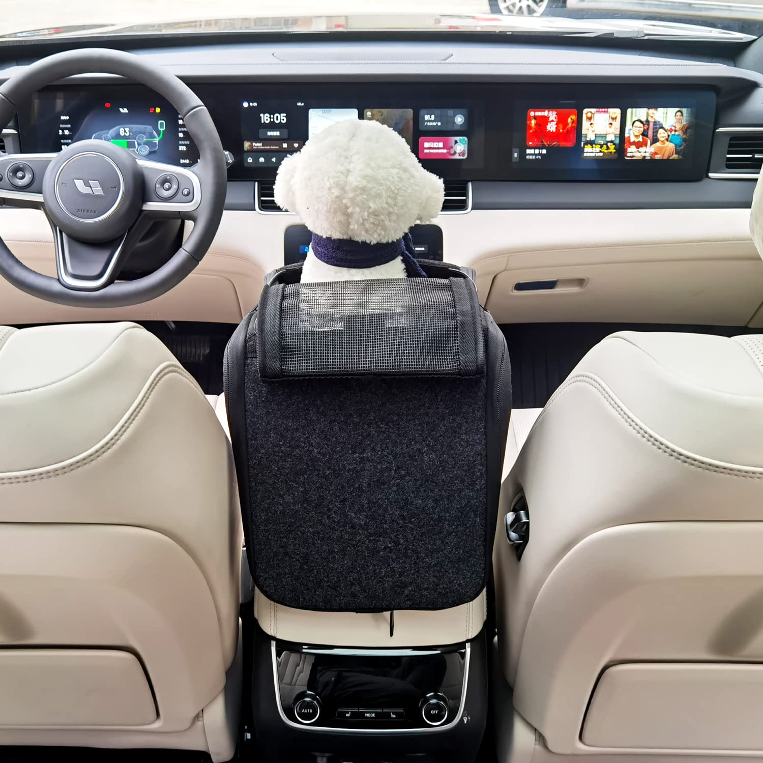 Loapooet dog car seat side strap attachment showing secure mounting on armrest.