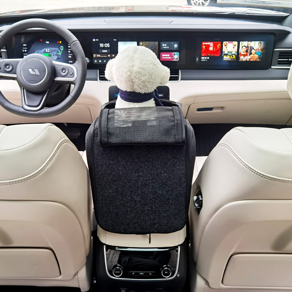 Loapooet dog car seat side strap attachment showing secure mounting on armrest.