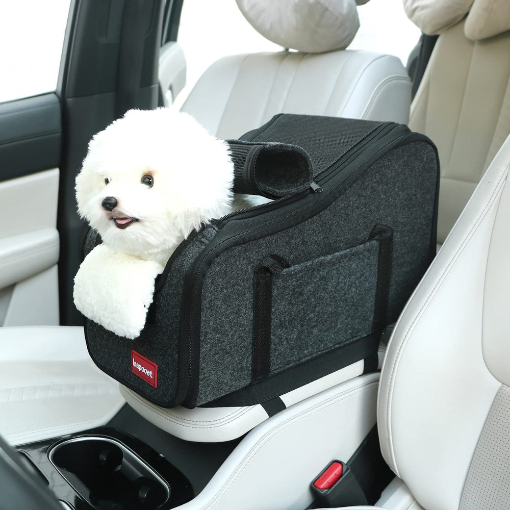 Loapooet center console dog car seat top view, secure booster for pets up to 11 lbs.