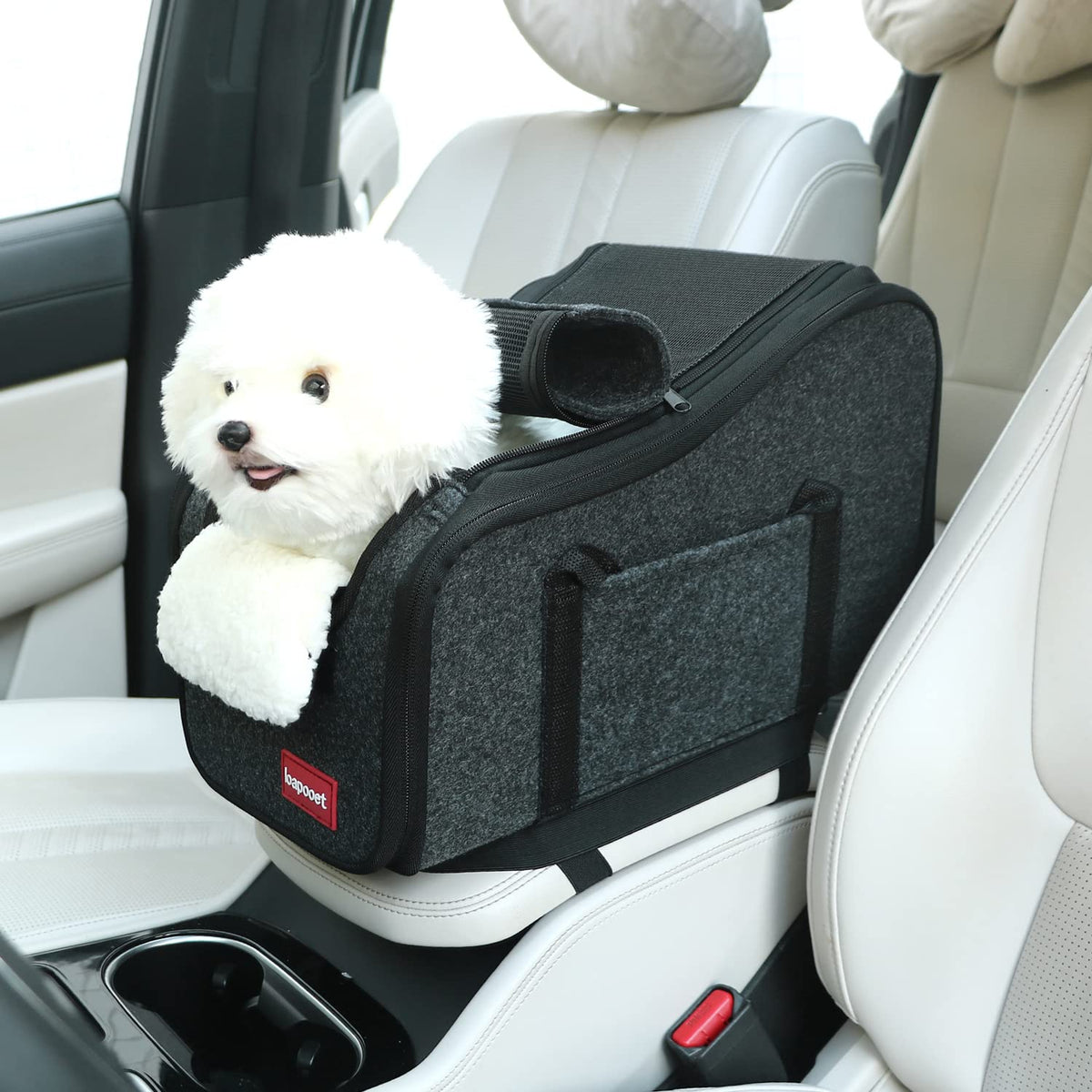 Loapooet center console dog car seat top view, secure booster for pets up to 11 lbs.