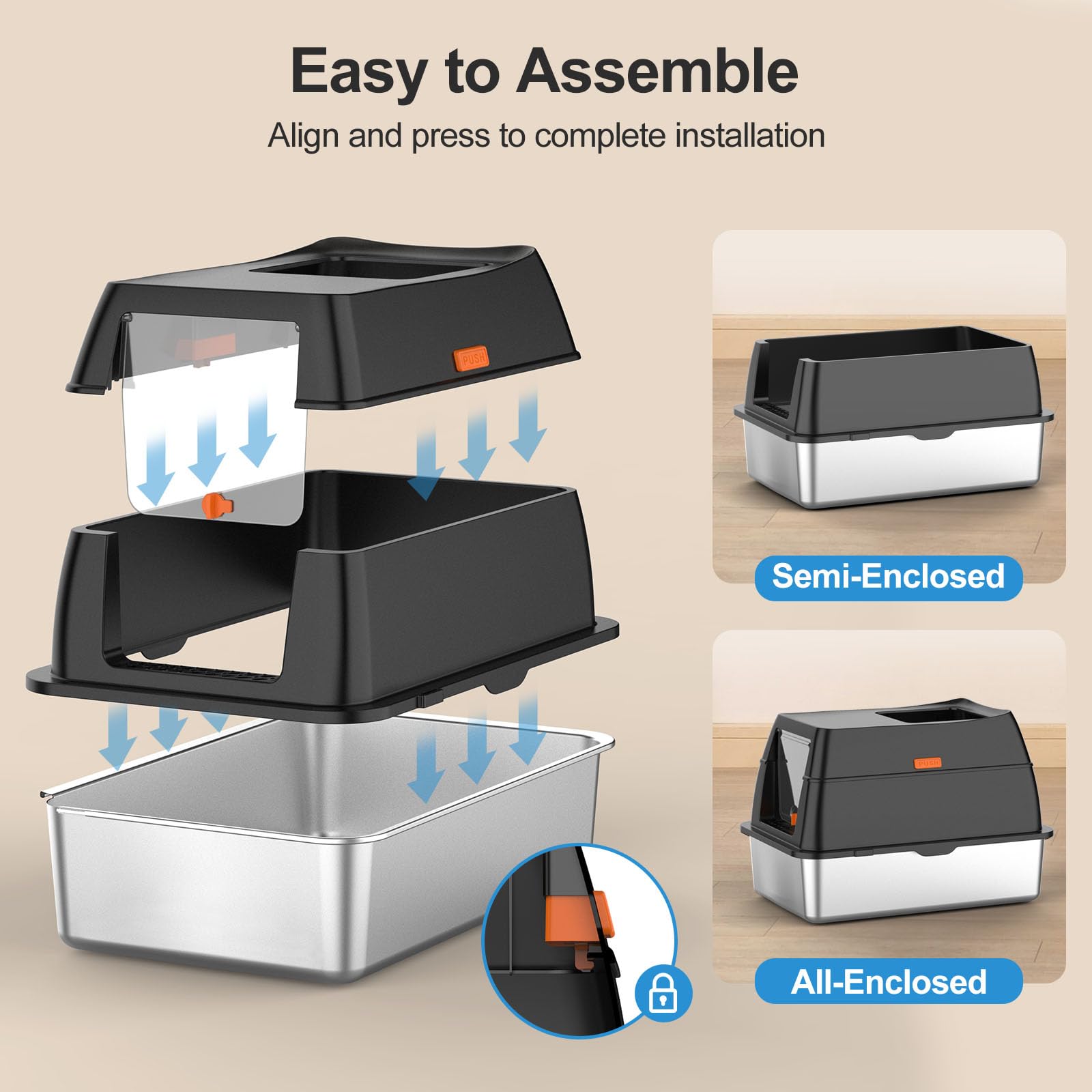 Lobeve stainless steel litter box semi-enclosed offers open space and easy cleanup.