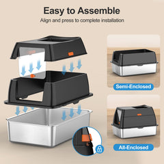 Lobeve stainless steel litter box semi-enclosed offers open space and easy cleanup.