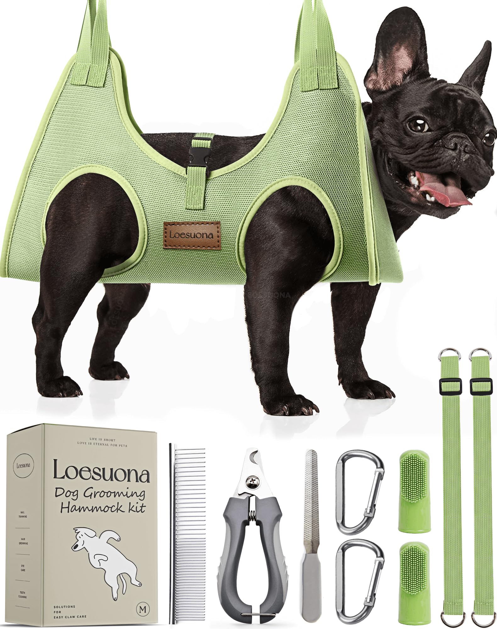 Loesuona dog grooming hammock overview for home-use nail trims.