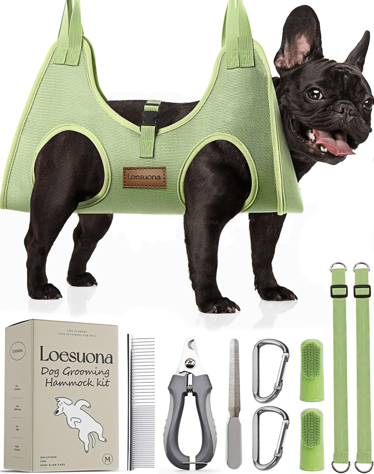 Loesuona dog grooming hammock overview for home-use nail trims.