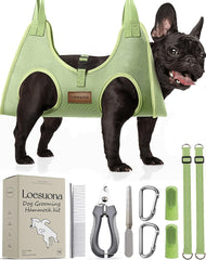 Loesuona dog grooming hammock overview for home-use nail trims.