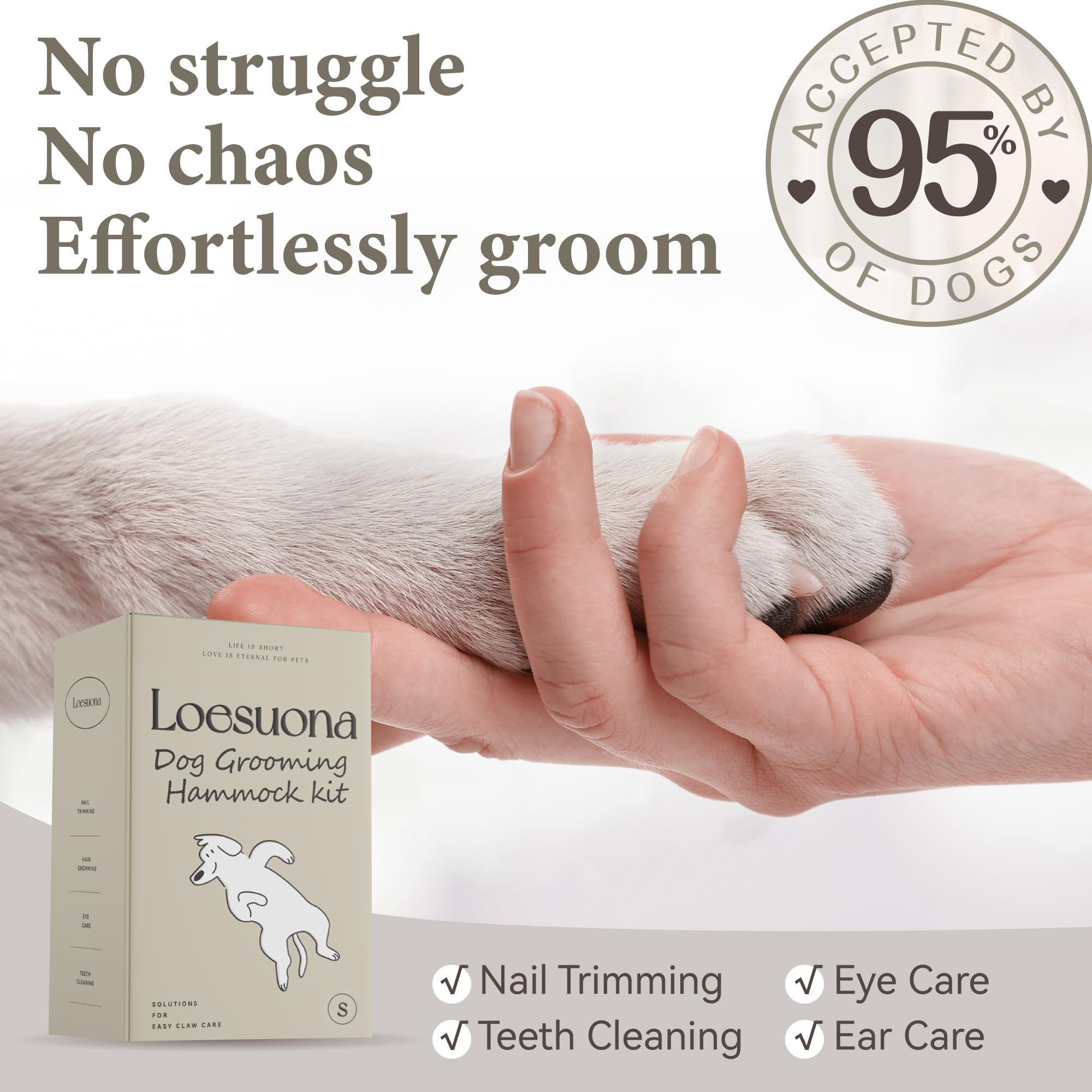 Loesuona dog grooming hammock safety buckle in action for secure restraint.