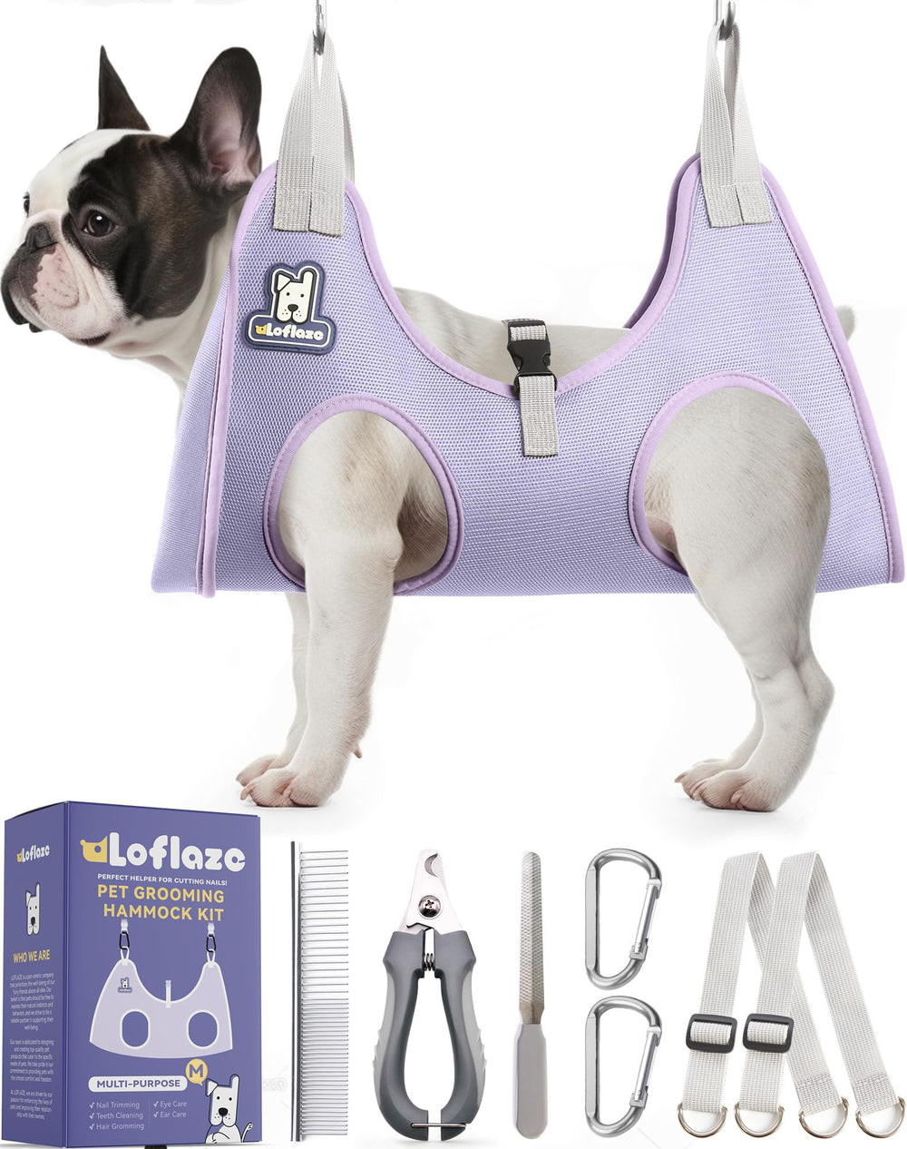 Loflaze dog grooming hammock harness purple M in use for at home nail trimming.