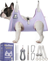 Loflaze dog grooming hammock harness purple M in use for at home nail trimming.