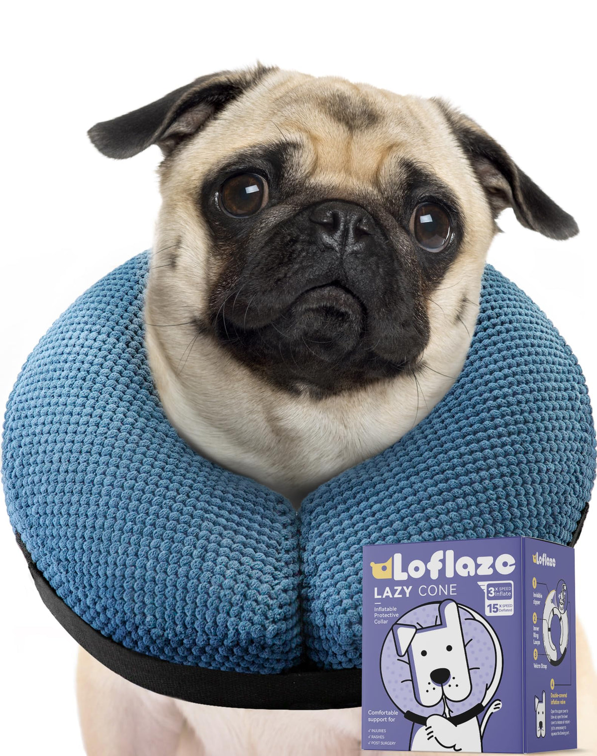 Loflaze inflatable dog cone blue L helps post-surgery recovery with a soft, comfy fit.