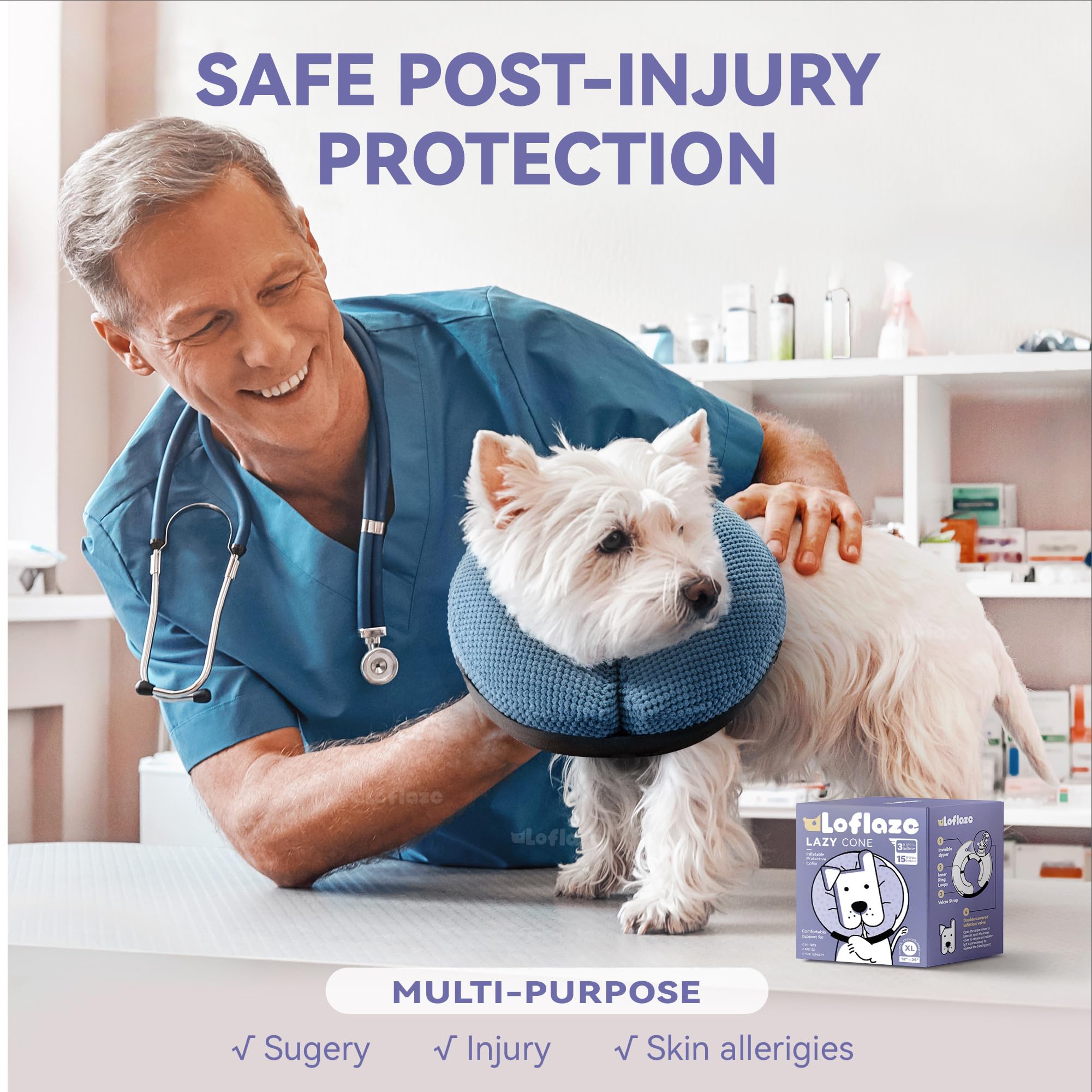 Loflaze soft donut cover on blue collar provides plush support during recovery.