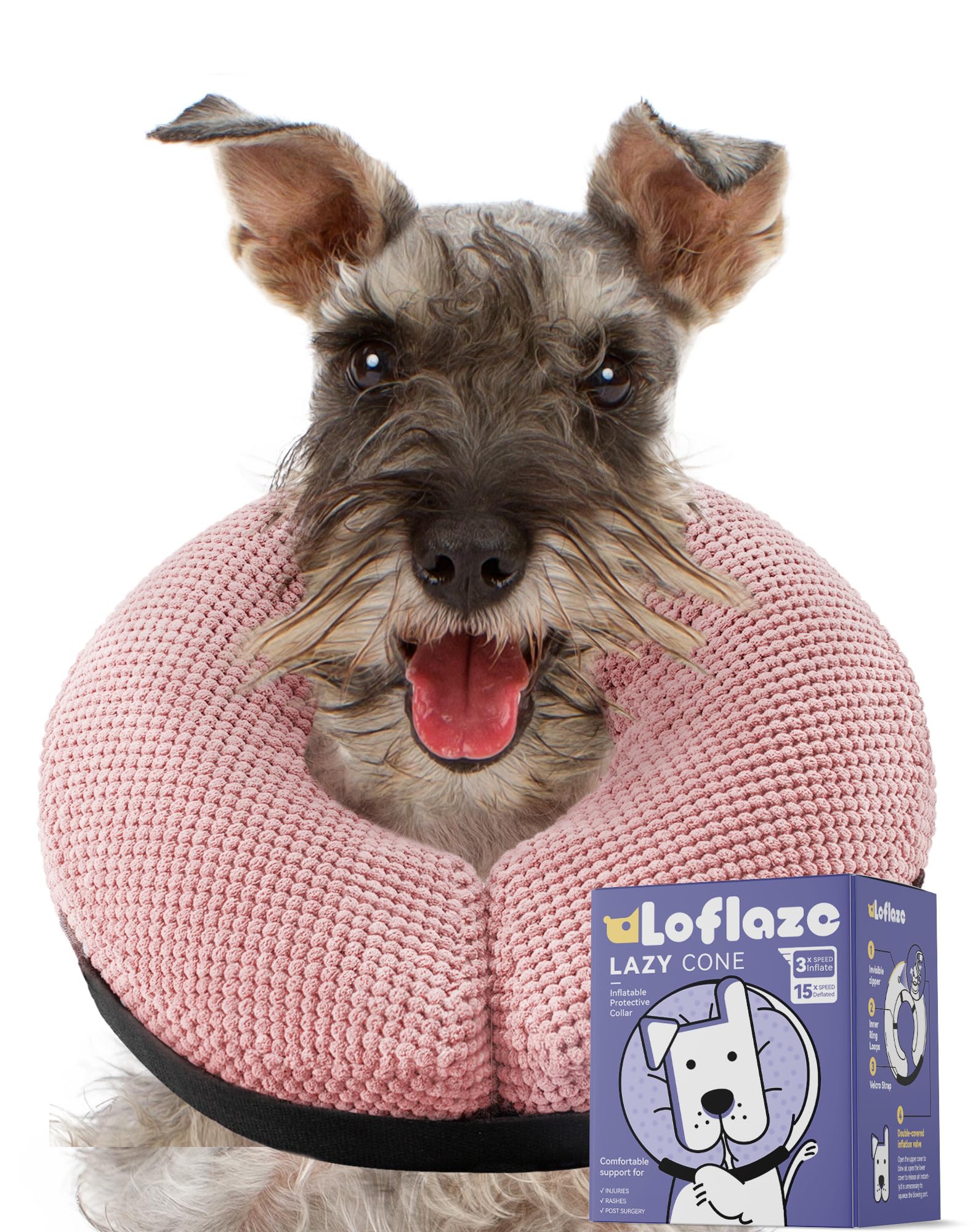 Loflaze soft inflatable dog cone outer view; comfortable recovery option.