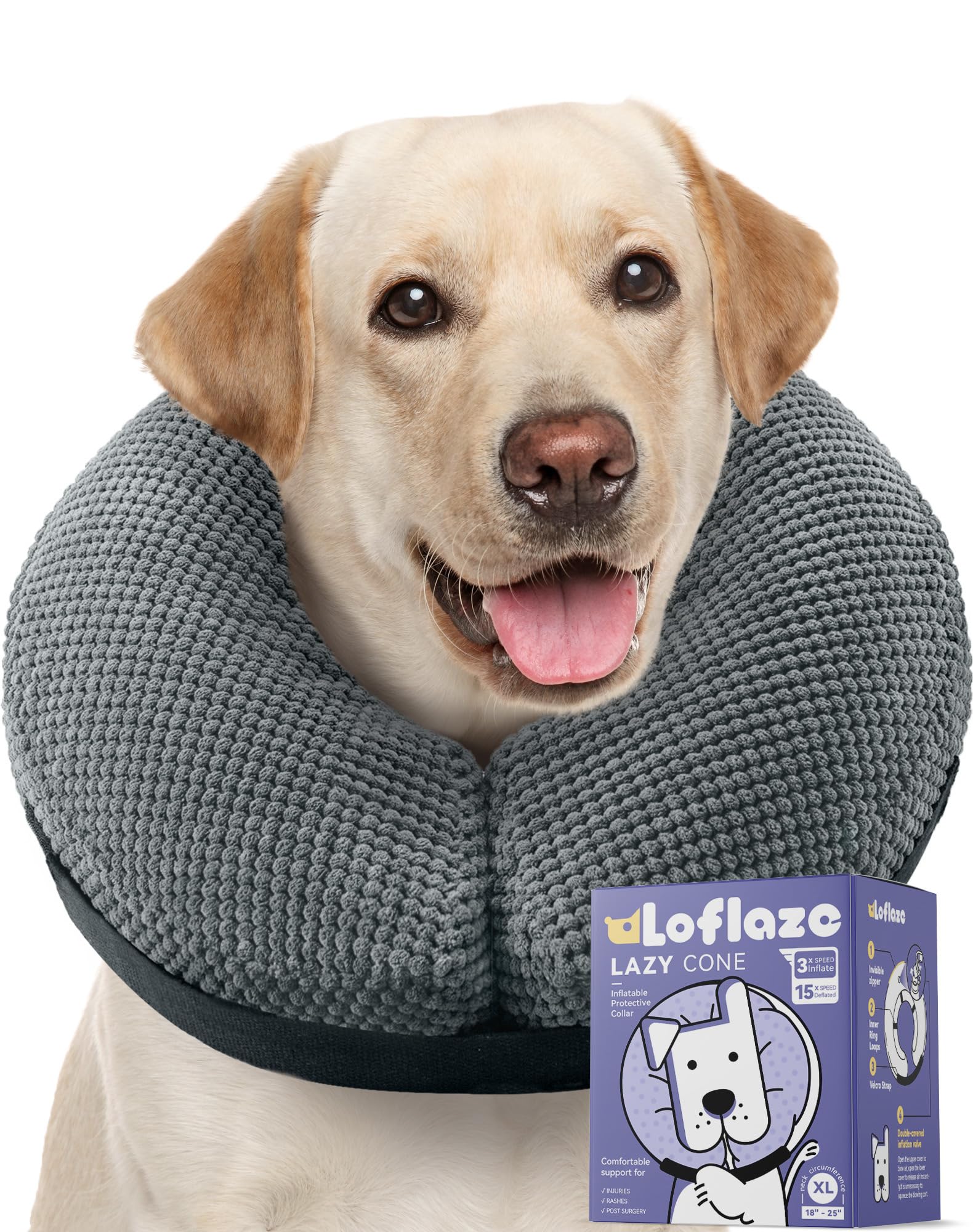 Loflaze soft inflatable dog cone XXL worn by a dog for comfortable recovery.